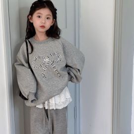 بدلة خريفية بحواف من الدانتيل وخصر مطاط للبنات / قطعتين 