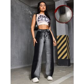 بنطلون جينز بقصة مستقيمة من قماش الدنيم المغسول للنساء 