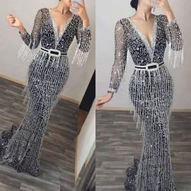 فستان سهرة نسائي مزين بالتطريز