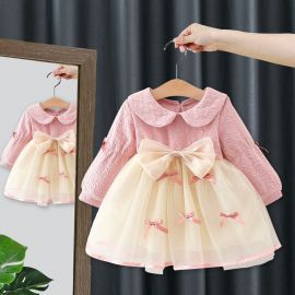 فستان بناتي بفيونكة كبيرة بأكمام طويلة وتنورة شبكية حلوة، فستان عصري بخامه قطنيه ناعمه