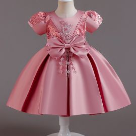 فستان بناتي مطرز مزين بفيونكا