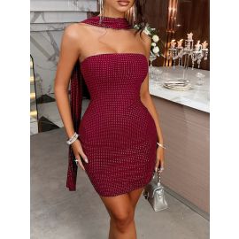 فستان نسائي قصير سهره مع وشاح رقبة