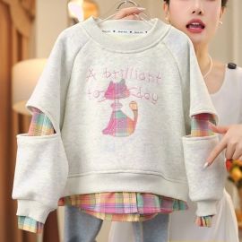 سويت شيرت من قطعتين بياقة دائرية وأكمام طويلة مبطن بالفرو للفتيات