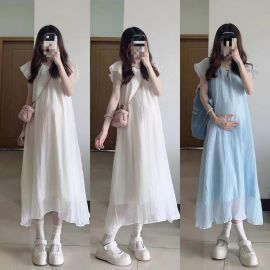 فستان نسائي طويل فضفاض للحوامل، يتميز بكسرات، وأكمام قصيرة بتفاصيل كشكشة ناعمة