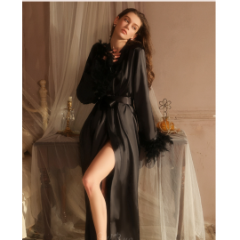 كيمونو نسائي طويل من البوليستر بأكمام مزينة بالريش