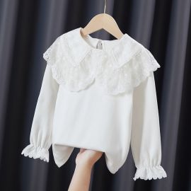 تي شيرت قطني بأكمام طويلة وياقة مقلوبة من الدانتيل للفتيات