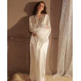 كيمونو نسائي طويل من البوليستر بأكمام مزينة بالريش