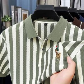 قميص بولو رجالي مخطط  بأكمام قصيرة قميص صيفي