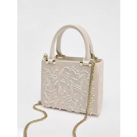 حقيبة يد بسلسلة من اللؤلؤ الاصطناعي مربعة الشكل