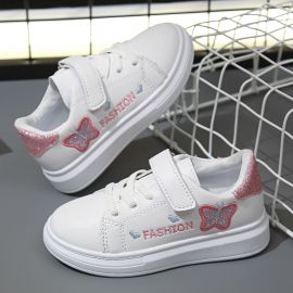 حذاء رياضي بناتي أبيض بطبعة الفراشة برباط و لاصق أمامي 