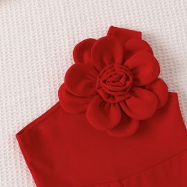 جمبسوت بناتي احمر بدون اكمام مزين بورده جانبية