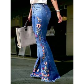 بنطلون جينز بخصر عالٍ، مطاطي، مطرز للسيدات 