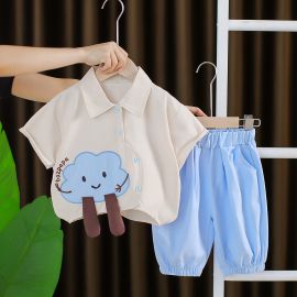 طقم صيفي بقميص كارتوني وشورت سادة قصير للفتيات المواليد 