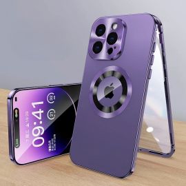 غلاف ايفون مزود بإبزيم مضاد للفتح وغطاء معدني مغناطيسي كامل من الزجاج الأصلي