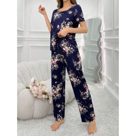 بيجامة صيفية منقوشة بأكمام قصيرة وياقة دائرية وبنطال طويل للسيدات 