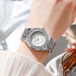 ساعة كلاسيكية بقرص دائري ماسي وحزام فولاذي مقاوم للسيدات