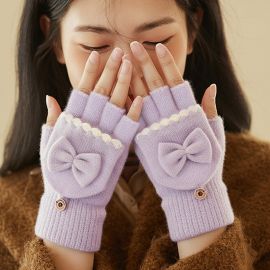 قفازات شتوي مخملية بدون أصابع محبوكة بفيونكة قابلة للطي