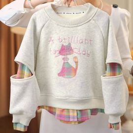 سويت شيرت من قطعتين بياقة دائرية وأكمام طويلة مبطن بالفرو للفتيات