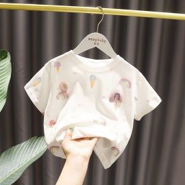تيشرت صيفي قصير الأكمام للفتيات الصغيرات، بتصميم مزين بزهور ثلاثية الأبعاد، بلوزة من القطن الناعم