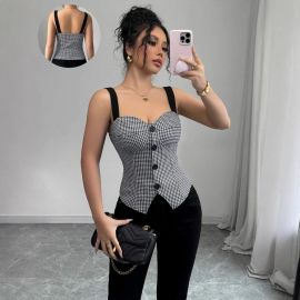 كارديجان أنيق بقصة ضيقة صيفي بنقشة مربعات صغيرة