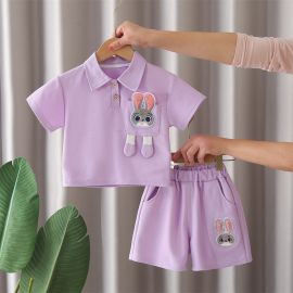 طقم صيفي بنمط كارتوني بتيشرت نص كم وشورت قصير للفتيات 