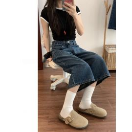 بنطلون جينز نسائي صيفي واسع الساق من قماش الدنيم