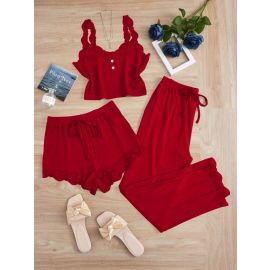 بيجامات دانتيل نسائية مكونة من ثلاث قطع مع حمالات وبنطلون قصير