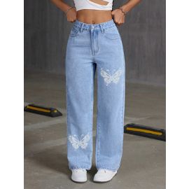 بنطلون جينز مرصعة بأحجار الراين على شكل فراشة للنساء 