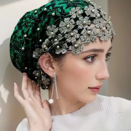 قبعة نسائية مطرزة بالخرز والدانتيل على شكل زهرة اللوتس