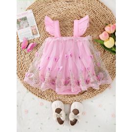 فستان برومبير صيفي مع حافة من الدانتيل وشبكة وفراشة للفتيات 