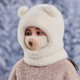 قبعة شتوية بناتي بأذنين بارزتين مع كمامة من نسيج محبوك عليها أنف الدب واقية للوجه والرقبة من البرد