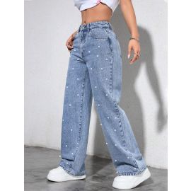 جينز عصري مزين باللؤلؤ ذو أرجل مستقيمة وقصة واسعة للسيدات 