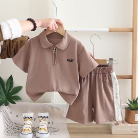 طقم بياقة نصف سحاب وأكمام قصيرة وشورت لفصل الصيف للأولاد