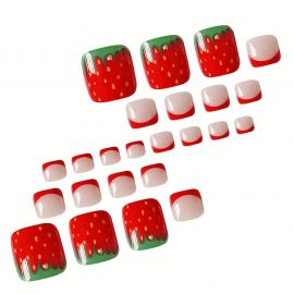 ملصقات أظافر فرنسية متدرجة حمراء على شكل فراولة كرتونية لطيفة - 24 قطعة