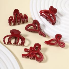 مشابك شعر أحمر اللون من الراتنج اللامع للنساء / 6 قطع 