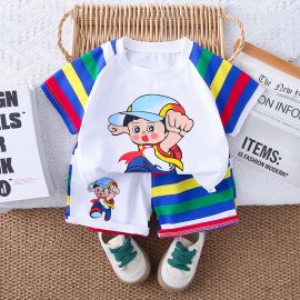  طقم من قطعتين مخطط تيشرت بياقة دائرية وكم قصير وشورت قصير من القطن للمواليد 