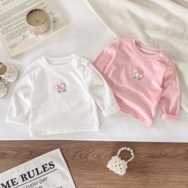 فنيلة قطنية بأكمام طويلة وياقة عالية وأزرار جانبية للفتيات الصغيرات 