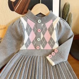 فستان بناتي للأطفال بأكمام طويلة تنورة صوف محبوك