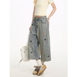 جينز نسائي ميدي مطرز فضفاض، مستقيم، واسع الساق