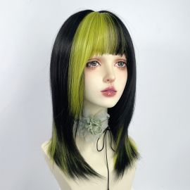  شعر مستعار أسود مخضر لامع بلون أخضر فسفوري للنساء