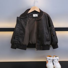 جاكت ولادي جلدي بياقه دائريه