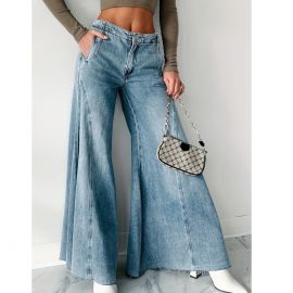 بنطلون جينز خصر مرتفع وساقين واسعة للنساء