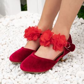 حذاء من الحرير الأحمر بكعب عالٍ على شكل زهرة للبنات 