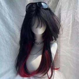 شعر مستعار من ألياف الحرير طويل مميزة باللونين الأسود والأحمر للنساء