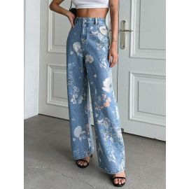 بنطلون جينز أزرق من القطن بنقشة زهور للنساء