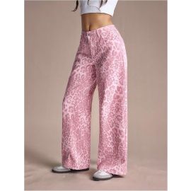 بنطلون جينز بنقشة جلد النمر باللون الوردي الدوباميني للنساء 