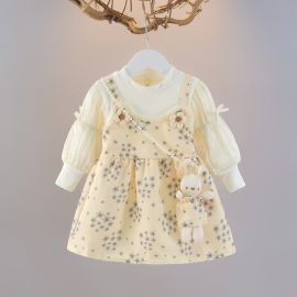 فستان للبنات بأكمام شفقية مزهر للأطفال على الطراز الكوري مع أرنب