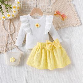  قميص أبيض طويل الأكمام من الصوف مزين بالزهور للبنات + تنورة صفراء