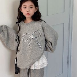 بدلة خريفية بحواف من الدانتيل وخصر مطاط للبنات / قطعتين 