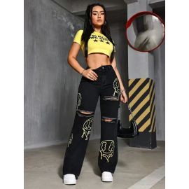 بنطلون طويل اسود ممزق بقصة مستقيمة وفضفاضة للنساء